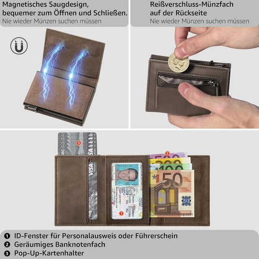 Geldbörse Herren, RFID Schutz Portmonee Herren Magnetverschluss, Pop-up Kartenetui mit 8 Kreditkartenetui mit Banknotenfächer, Münzfach, Ausweisfenster Geldbeutel Herren – Braun