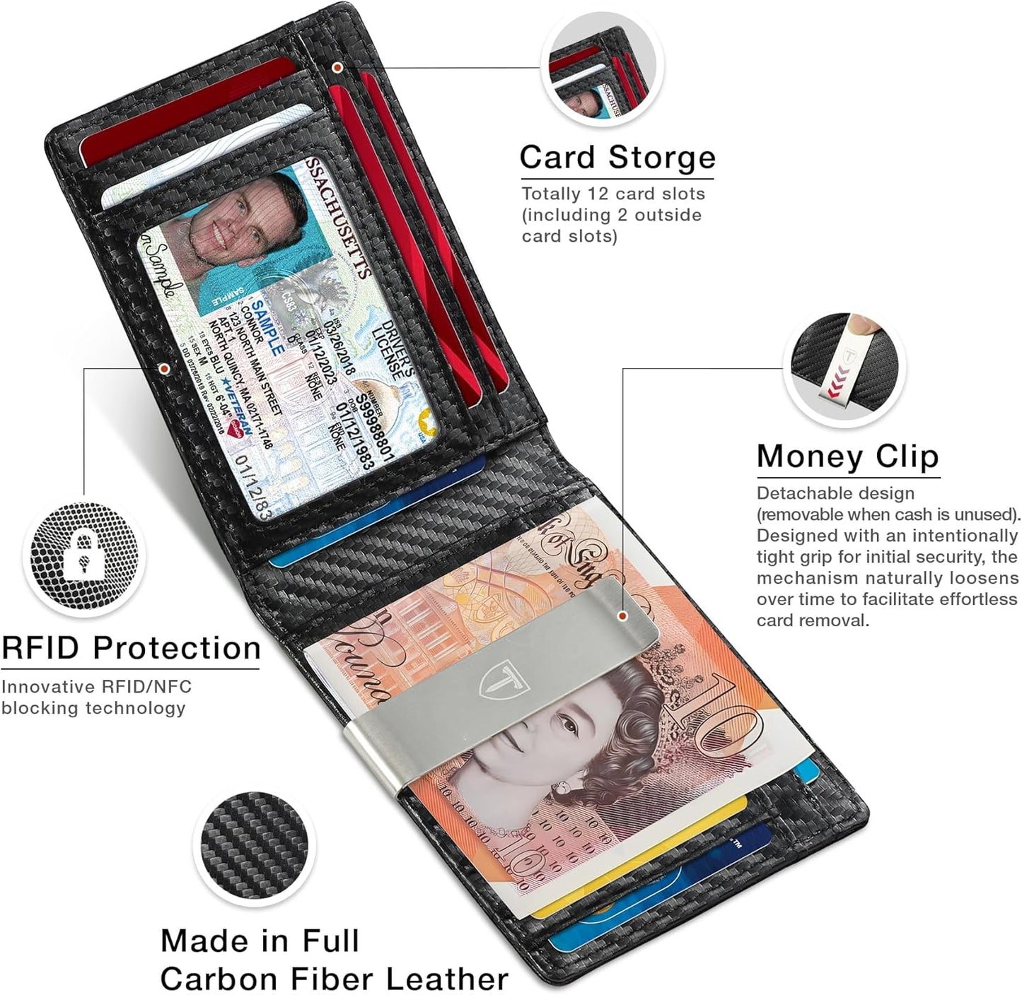 Mens Wallets Slim RFID Blocking, Carbon Fiber Wallet with 12 Credit Card Holder, Strong Money Clip & ID Window Minimalist Bi-Fold Wallets for Men UK with Gift Box - Black