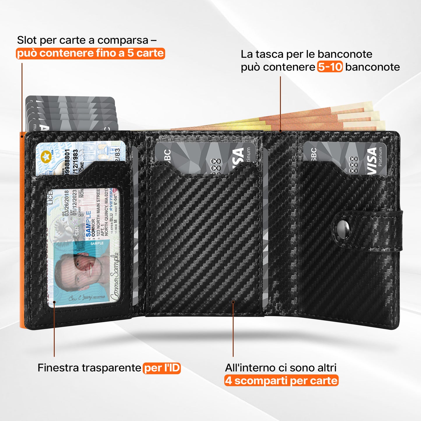 Tomylv Portafoglio Uomo Slim RFID Blocking, Fibra di Carbonio Porta Carte di Credito Uomo - ID Window, Tasca Portamonete con Cerniera, Scomparto per Banconota, Confezione Regalo - Nero Arancione