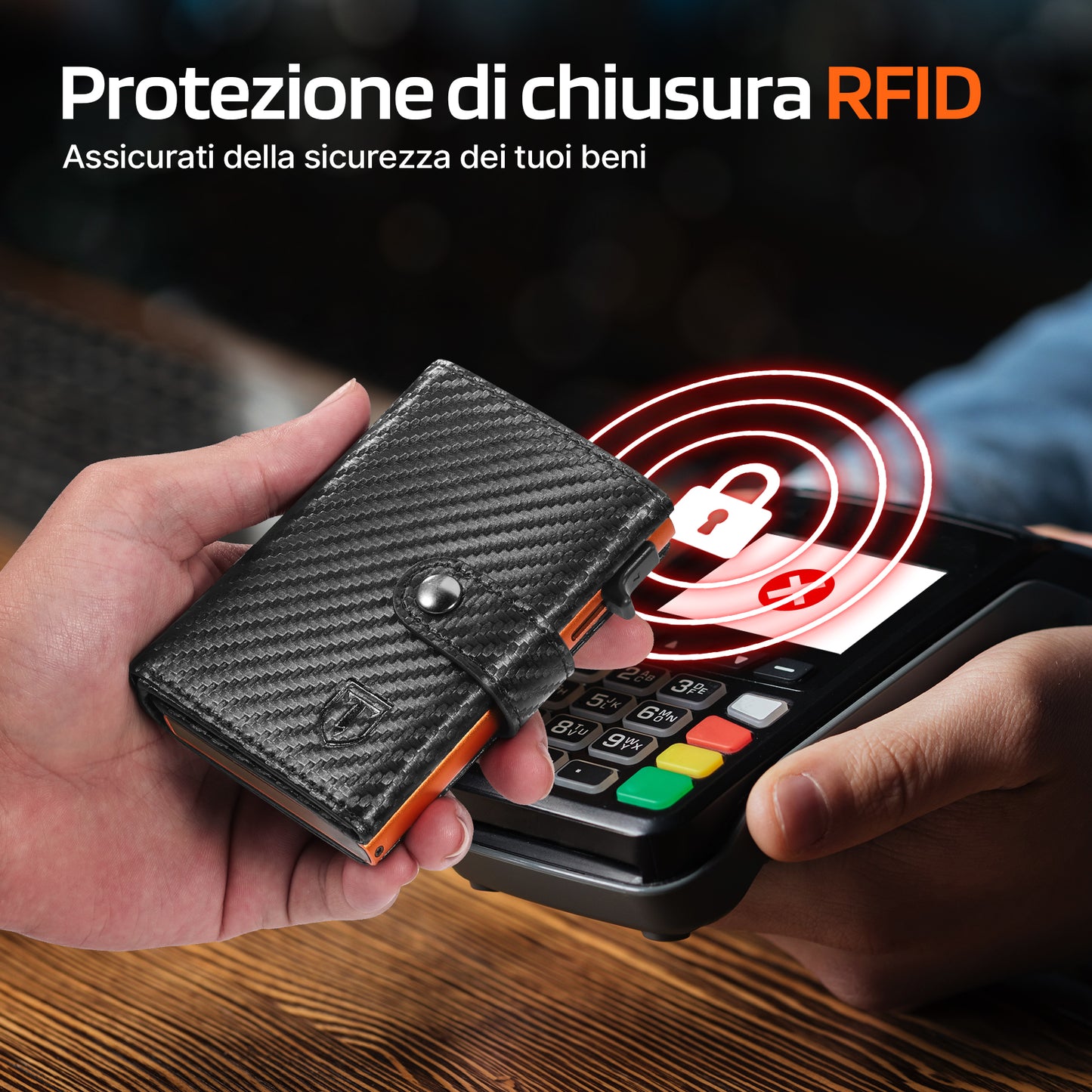 Tomylv Portafoglio Uomo Slim RFID Blocking, Fibra di Carbonio Porta Carte di Credito Uomo - ID Window, Tasca Portamonete con Cerniera, Scomparto per Banconota, Confezione Regalo - Nero Arancione