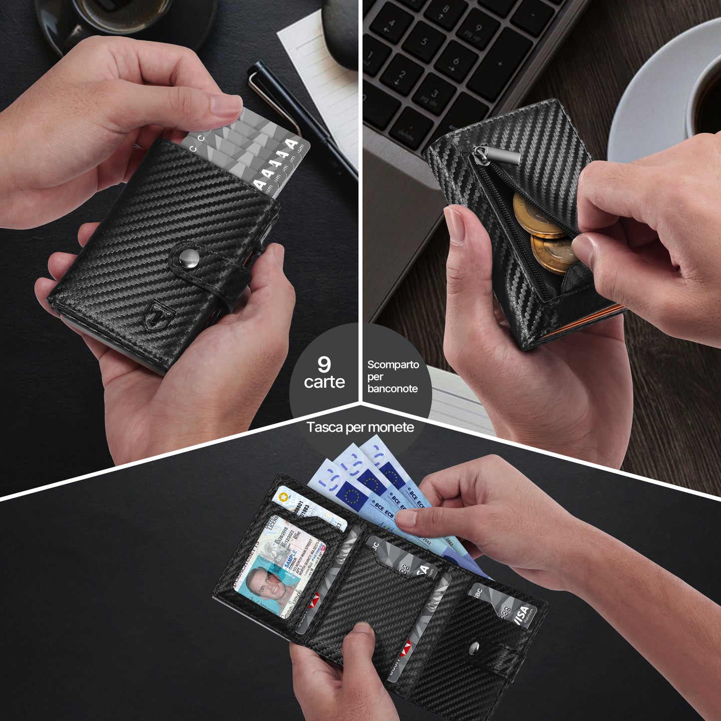 Tomylv Portafoglio Uomo Slim RFID Blocking, Fibra di Carbonio Porta Carte di Credito Uomo - ID Window, Tasca Portamonete con Cerniera, Scomparto per Banconota, Confezione Regalo - Nero Arancione