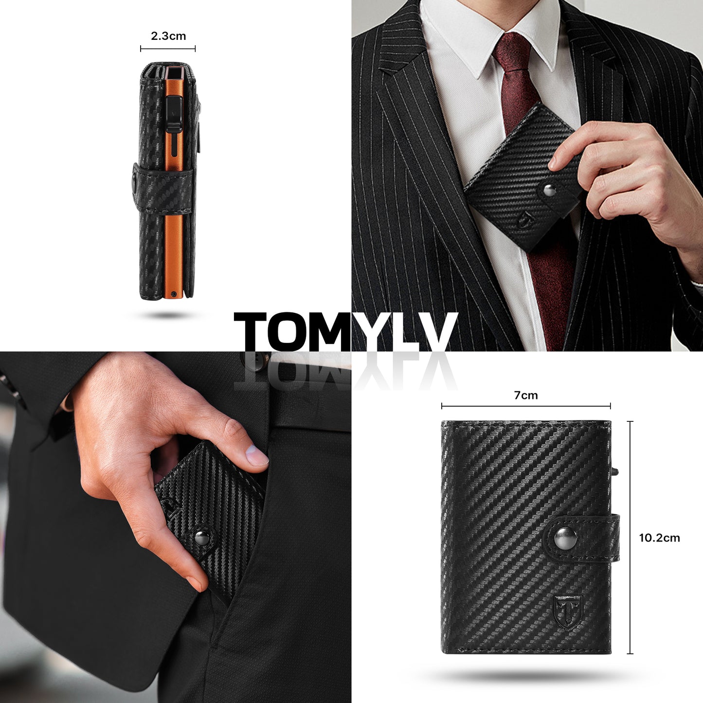 Tomylv Portafoglio Uomo Slim RFID Blocking, Fibra di Carbonio Porta Carte di Credito Uomo - ID Window, Tasca Portamonete con Cerniera, Scomparto per Banconota, Confezione Regalo - Nero Arancione
