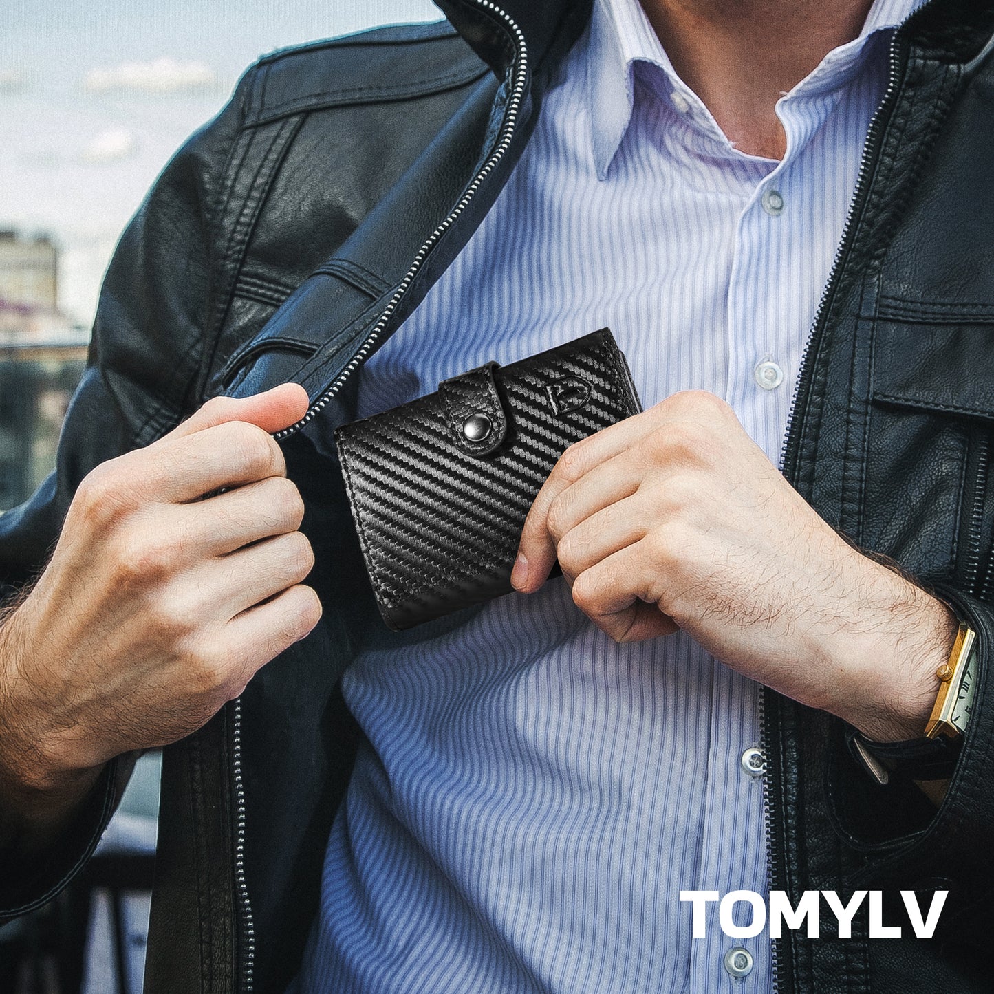 Tomylv Portafoglio Uomo Slim RFID Blocking, Fibra di Carbonio Porta Carte di Credito Uomo - ID Window, Tasca Portamonete con Cerniera, Scomparto per Banconota, Confezione Regalo - Nero Arancione