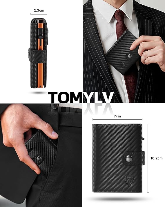 Tomylv Portafoglio Uomo Slim RFID Blocking, Fibra di Carbonio Porta Carte di Credito Uomo - ID Window, Tasca Portamonete con Cerniera, Scomparto per Banconota, Confezione Regalo - Nero Arancione