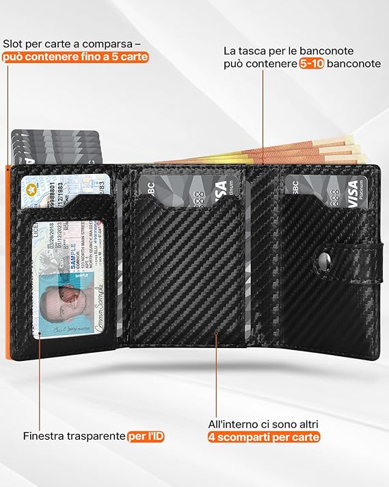 Tomylv Portafoglio Uomo Slim RFID Blocking, Fibra di Carbonio Porta Carte di Credito Uomo - ID Window, Tasca Portamonete con Cerniera, Scomparto per Banconota, Confezione Regalo - Nero Arancione