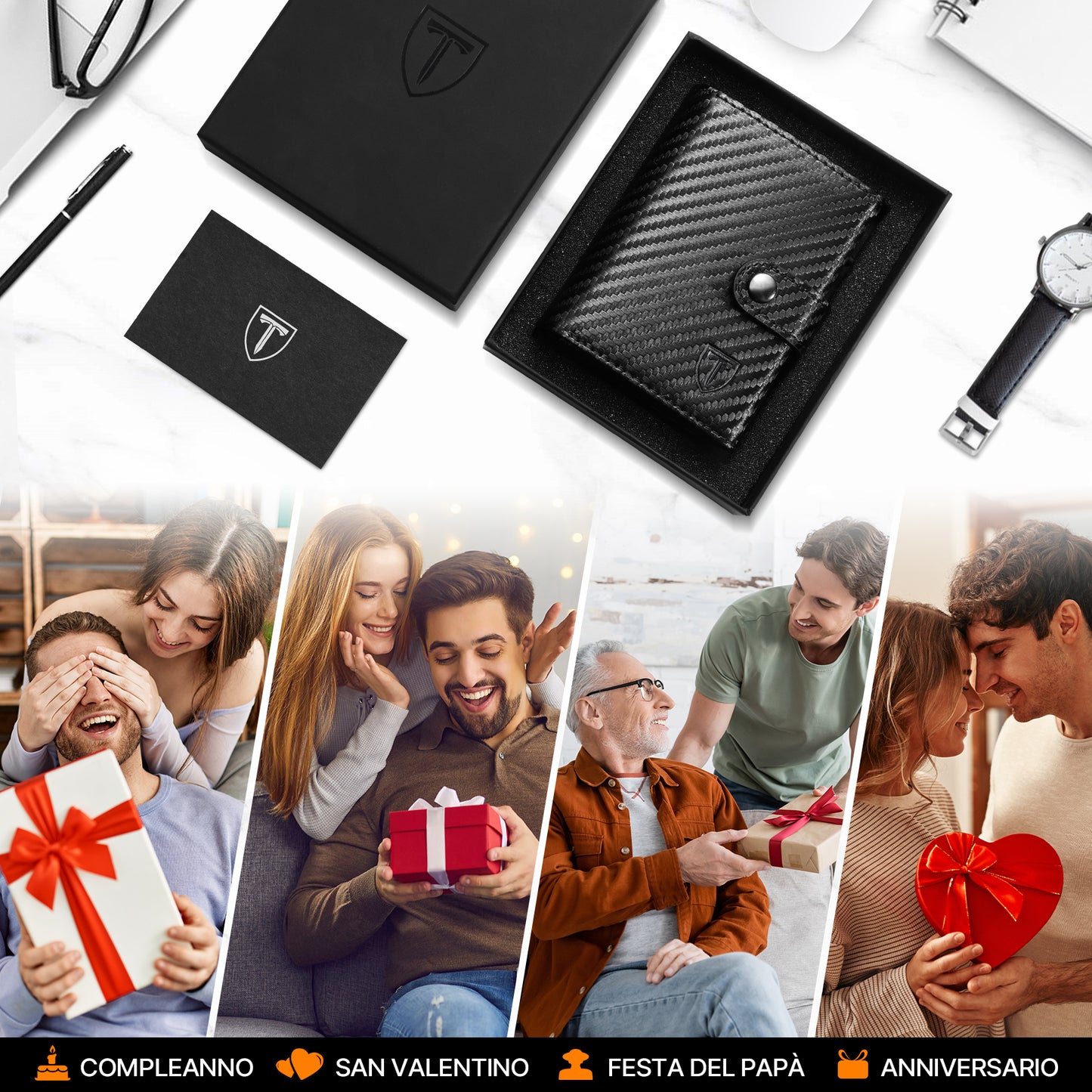 Tomylv Portafoglio Uomo Slim RFID Blocking, Fibra di Carbonio Porta Carte di Credito Uomo - ID Window, Tasca Portamonete con Cerniera, Scomparto per Banconota, Confezione Regalo - Nero Arancione