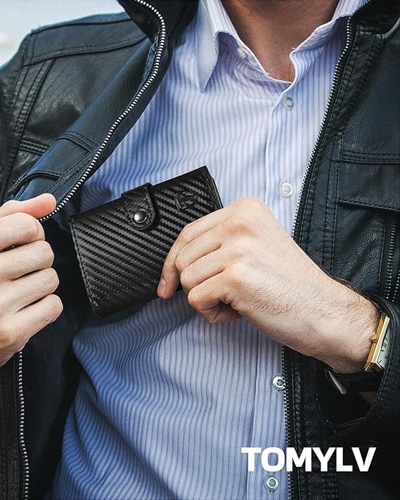 Tomylv Portafoglio Uomo Slim RFID Blocking, Fibra di Carbonio Porta Carte di Credito Uomo - ID Window, Tasca Portamonete con Cerniera, Scomparto per Banconota, Confezione Regalo - Nero Arancione