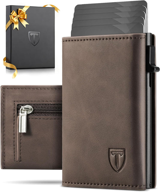 Geldbörse Herren, RFID Schutz Portmonee Herren Magnetverschluss, Pop-up Kartenetui mit 8 Kreditkartenetui mit Banknotenfächer, Münzfach, Ausweisfenster Geldbeutel Herren – Braun