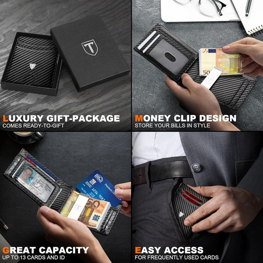 Mens Wallets Slim RFID Blocking, Carbon Fiber Wallet with 12 Credit Card Holder, Strong Money Clip & ID Window Minimalist Bi-Fold Wallets for Men UK with Gift Box - Black