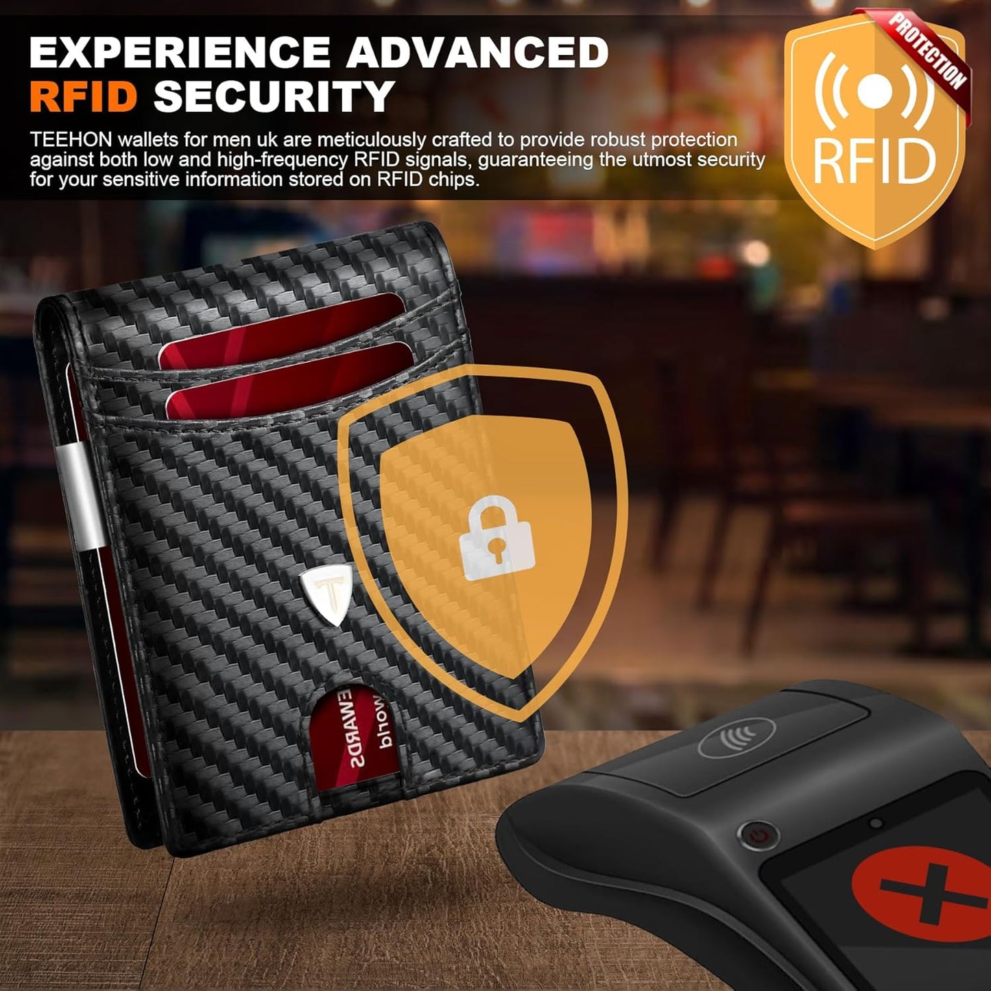 Mens Wallets Slim RFID Blocking, Carbon Fiber Wallet with 12 Credit Card Holder, Strong Money Clip & ID Window Minimalist Bi-Fold Wallets for Men UK with Gift Box - Black