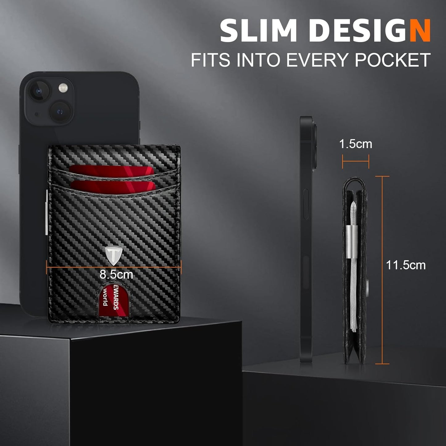 Mens Wallets Slim RFID Blocking, Carbon Fiber Wallet with 12 Credit Card Holder, Strong Money Clip & ID Window Minimalist Bi-Fold Wallets for Men UK with Gift Box - Black