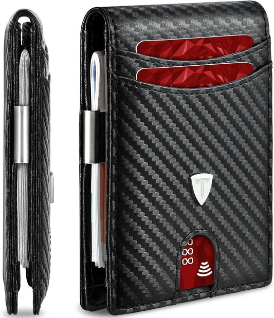 Mens Wallets Slim RFID Blocking, Carbon Fiber Wallet with 12 Credit Card Holder, Strong Money Clip & ID Window Minimalist Bi-Fold Wallets for Men UK with Gift Box - Black