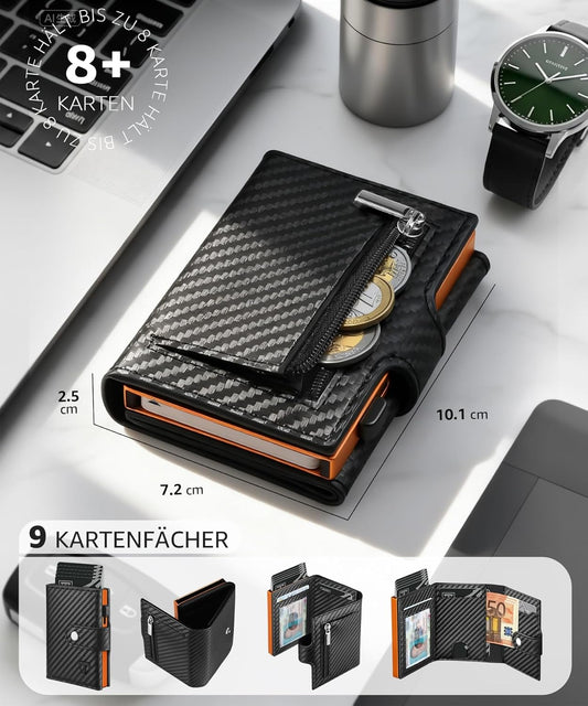 Geldbörse Herren mit Münzfach & RFID Schutz, Portmonee Herren Smart Wallet 3.0 mit 9 Kartenetui Klein, ID-Fenster, Geldscheinfach, Geldbeutel Kreditkarten Slim Wallet - Schwarz Orange