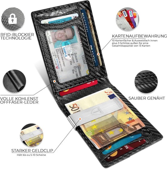 Geldbörse Herren Slim RFID Blocking Portmonee Herren Kohlefaserleder mit 13 Kartenetui, Ausweisfenster, Geldscheinklammer, Minimalistischer Geldbörse mit Geschenkbox - Schwarz