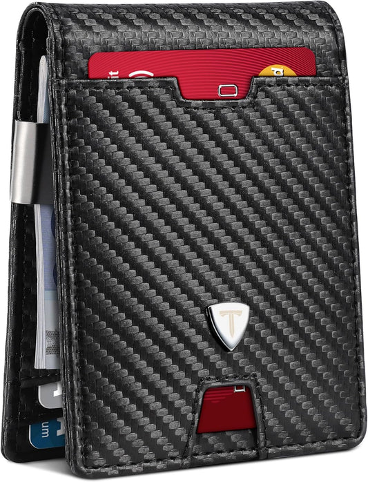 Geldbörse Herren Slim RFID Blocking Portmonee Herren Kohlefaserleder mit 13 Kartenetui, Ausweisfenster, Geldscheinklammer, Minimalistischer Geldbörse mit Geschenkbox - Schwarz